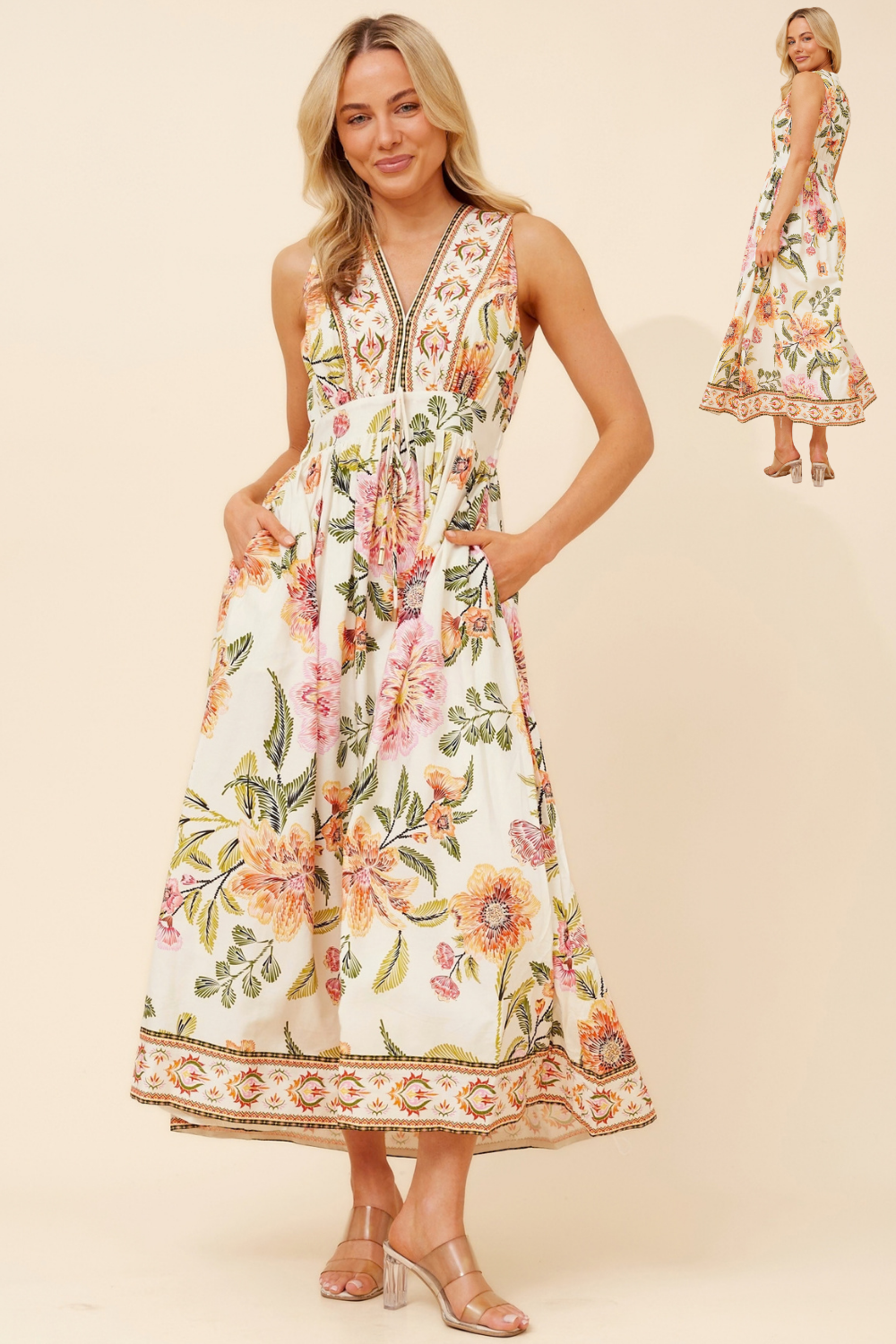 Sleeveless border print maxi dress - multicolour