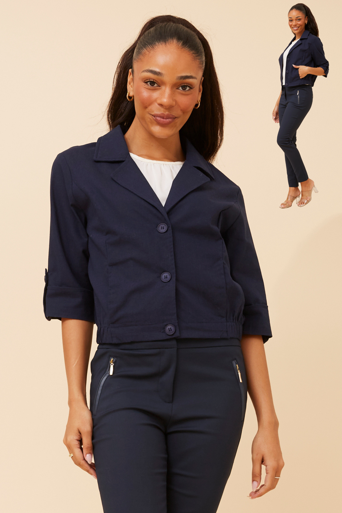 3/4 sleeve cropped jacket - navy