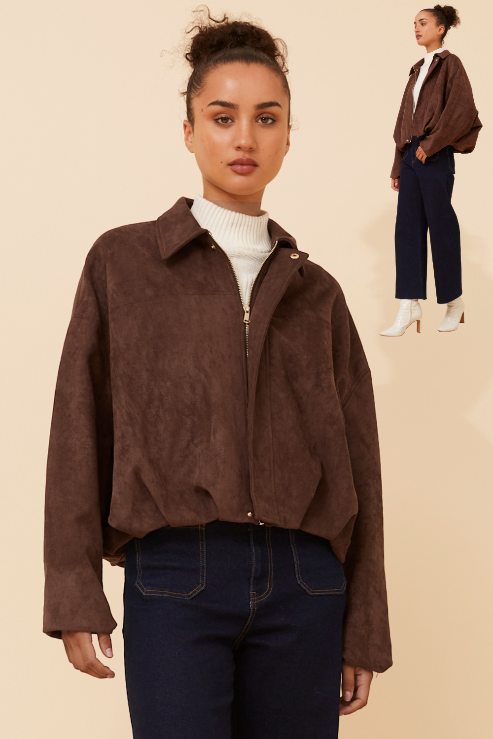 Bubble hem, suedette jacket - chocolate