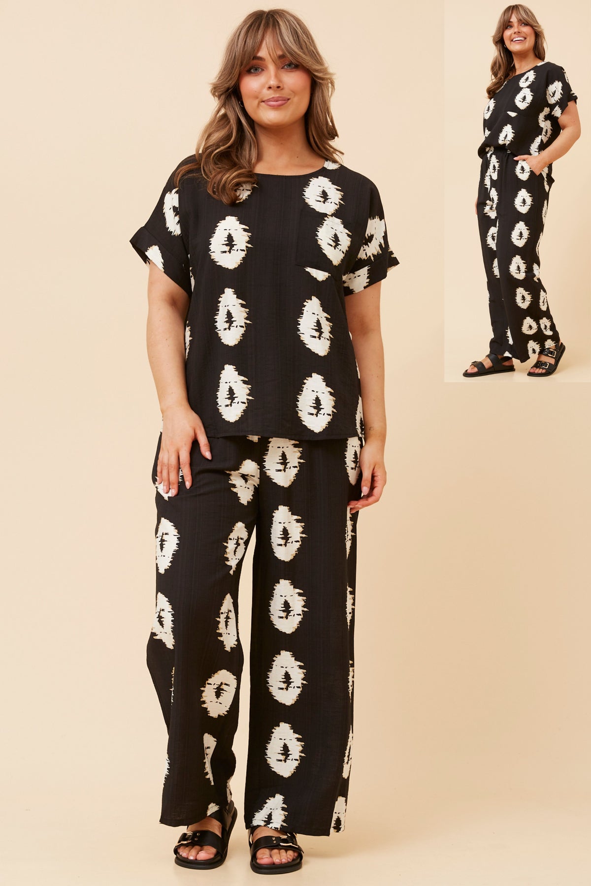 Printed top and pants (set) - black/cream