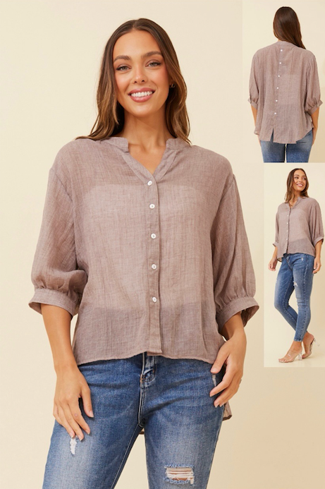 3/4 sleeve shirt with back button detail - brown