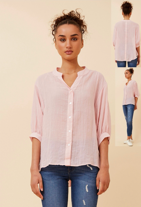 3/4 sleeve shirt with back button detail - pink