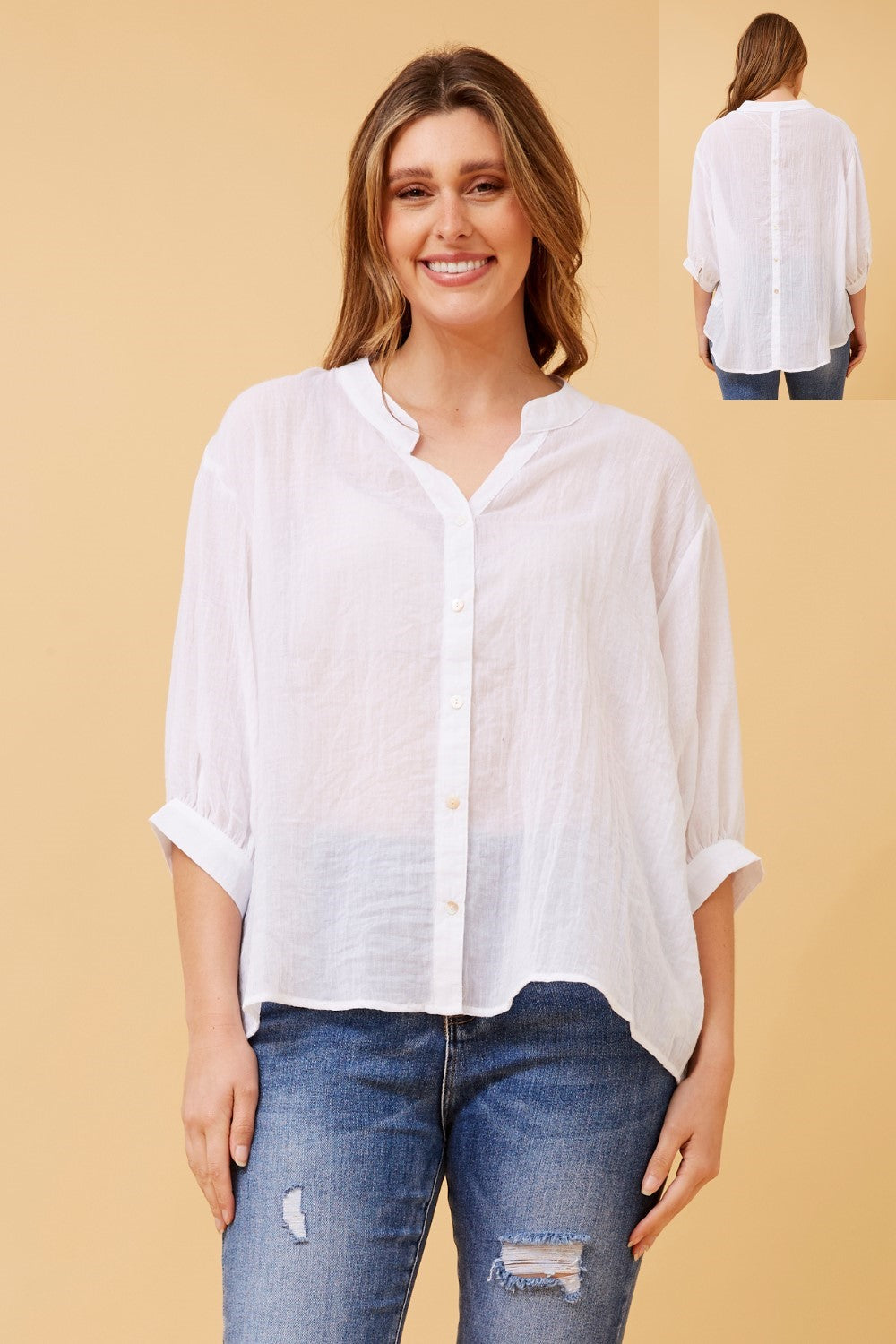 3/4 sleeve shirt with back button detail - white
