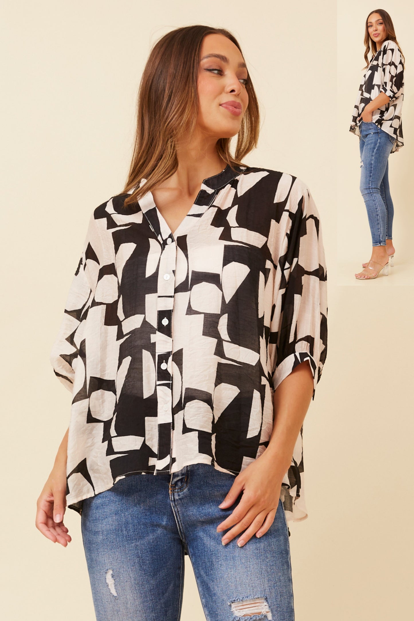 3/4 sleeve shirt with back button detail - black and cream