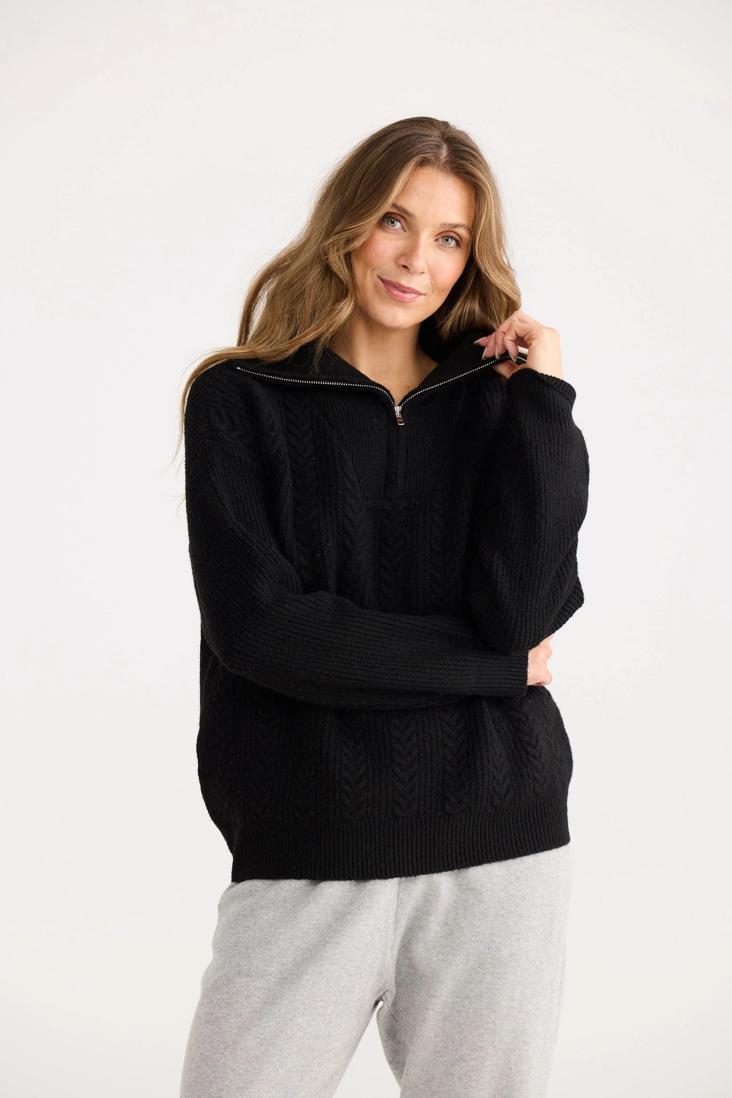 Quarter Zip Cable Knit - Black