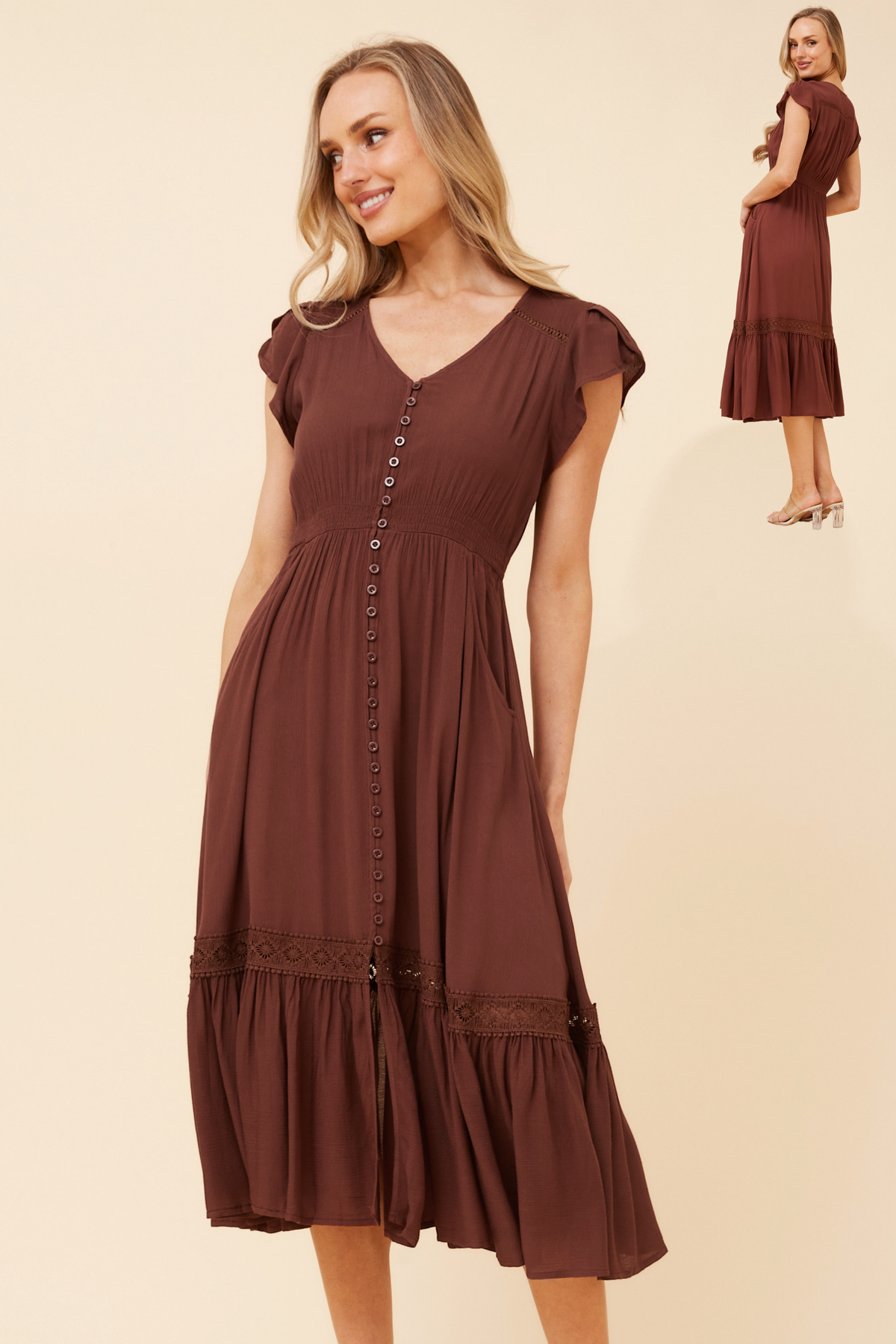 Cap sleeve midi dress - Chocolate