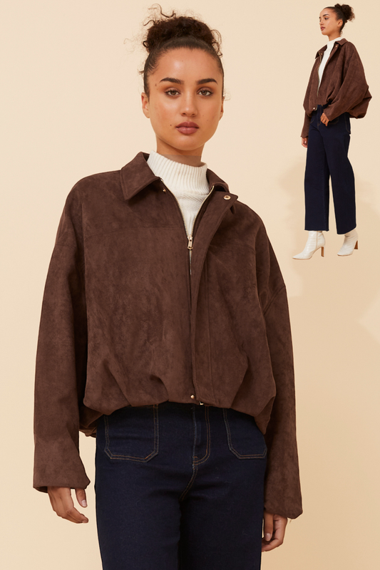 Bubble hem, suedette jacket - chocolate