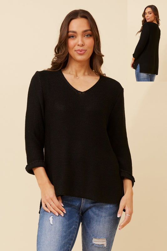 Long sleeve v-neck tape yarn pullover - Black