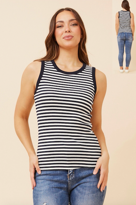 Stripe rib singlet - navy and white