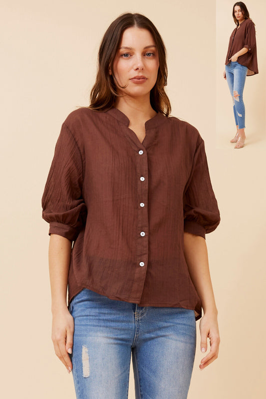 3/4 sleeve shirt with back button detail - bitter chocolate
