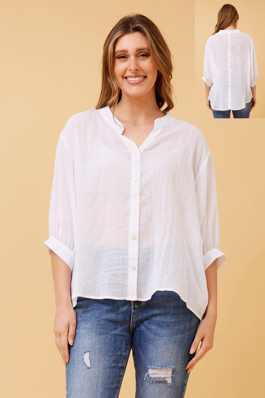 3/4 sleeve shirt with back button detail - white