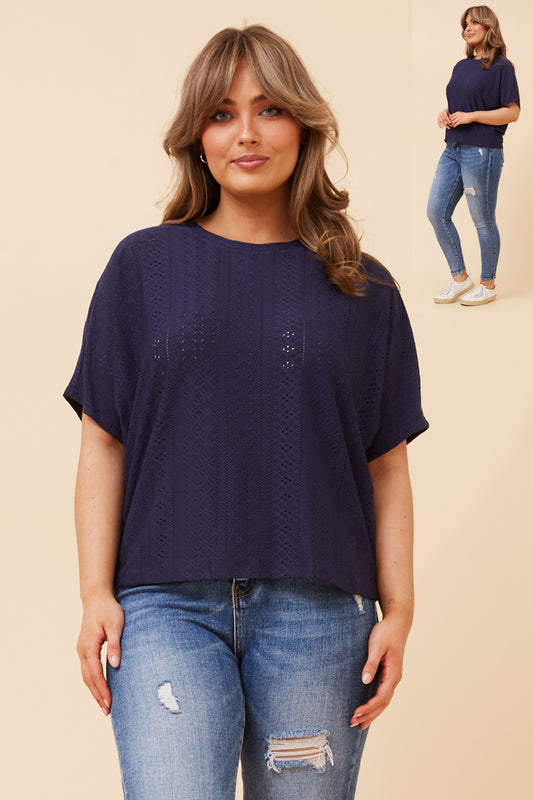 Navy broderie knit top